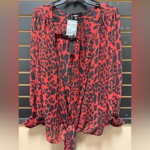 Buffalo David Bitton Red Black Animal Print Wrap Blouse Size S NWT
